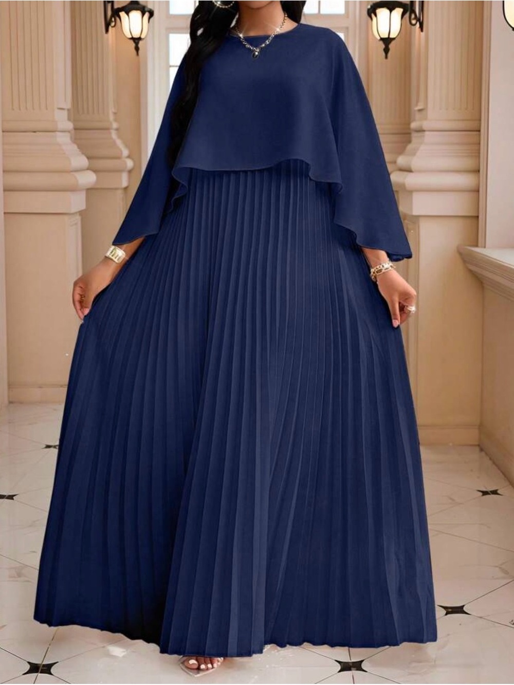 Elegant Navy Pleated Maxi Dress